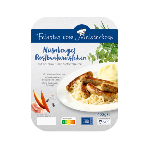 Trend Meal Nürnberger Rostbratwürstchen mit Apfelkraut mit Kartoffelpüree 400g